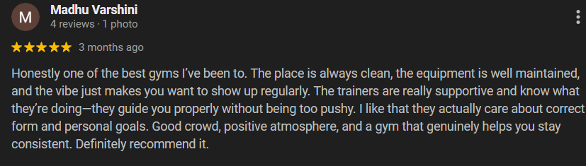 5-star Google review for DR DINO FITNESS Gym Chengalpattu from a satisfied member