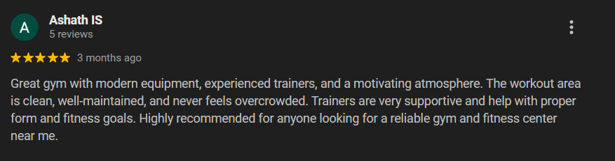 Member testimonial praising DR DINO as the best gym near Periya Natham