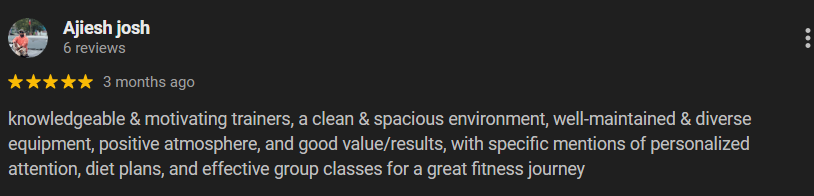 Google review highlighting premium equipment at DR DINO FITNESS Chengalpattu